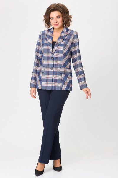 Жакет удлиненный из текстиля с рельефами и клапанами БелЭльСтиль 412-3_03_22 бело-синяя_клетка - фото 5