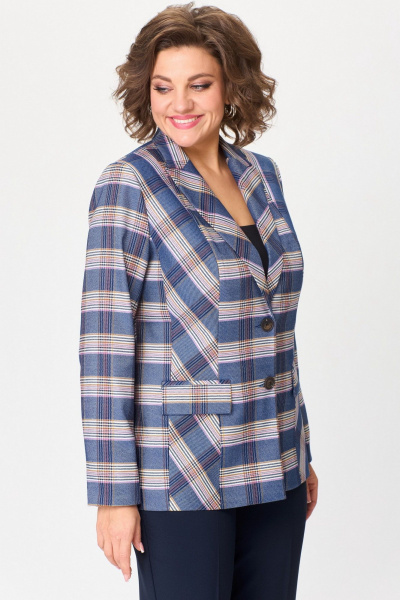 Жакет удлиненный из текстиля с рельефами и клапанами БелЭльСтиль 412-3_03_22 бело-синяя_клетка - фото 3