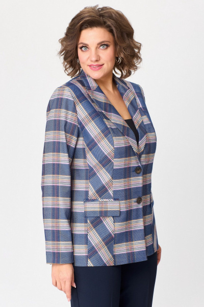 Жакет удлиненный из текстиля с рельефами и клапанами БелЭльСтиль 412-3_03_22 бело-синяя_клетка - фото 2