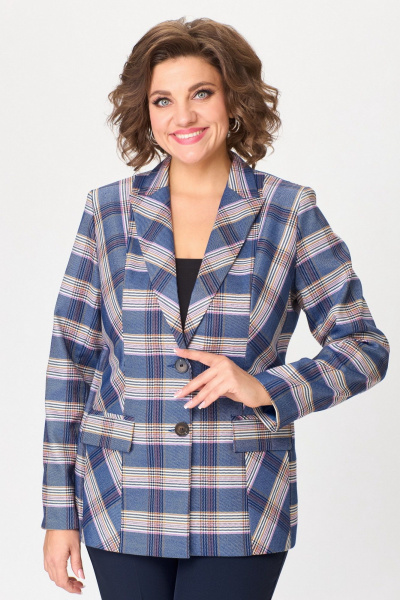 Жакет удлиненный из текстиля с рельефами и клапанами БелЭльСтиль 412-3_03_22 бело-синяя_клетка - фото 1