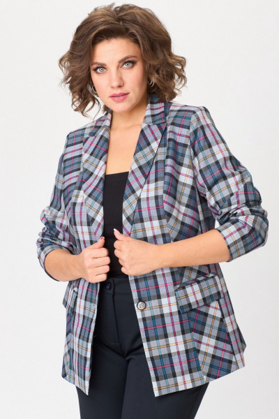Жакет полуприлегающего кроя из текстили с рельефами и карманами БелЭльСтиль 412-3_03_22 синяя клетка - фото 2