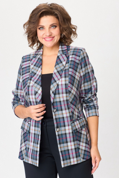 Жакет полуприлегающего кроя из текстили с рельефами и карманами БелЭльСтиль 412-3_03_22 синяя клетка - фото 1