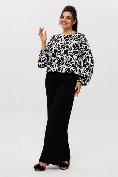 Блуза с разрезами и рукавами на резинке из текстильной ткани Anelli 1355 черно-белый - фото 6