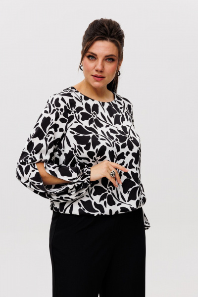 Блуза с разрезами и рукавами на резинке из текстильной ткани Anelli 1355 черно-белый - фото 3