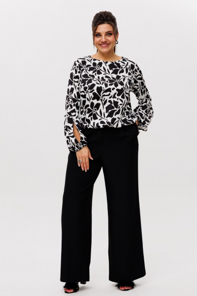 Блуза с разрезами и рукавами на резинке из текстильной ткани Anelli 1355 черно-белый - фото 2
