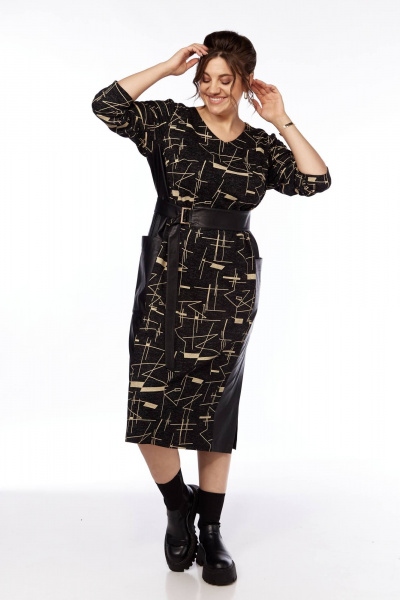 Платье черное из трикотажа с вставками из эко-кожи Karina deLux M-1286 - фото 4