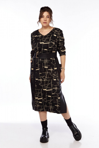 Платье черное из трикотажа с вставками из эко-кожи Karina deLux M-1286 - фото 3