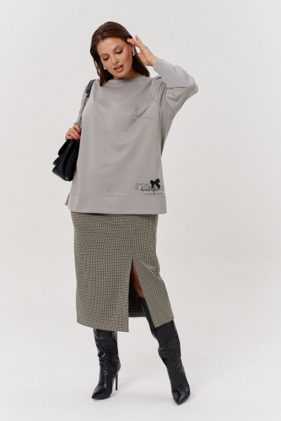 Юбка миди из жаккардового трикотажа с разрезом OVERYOU М173/1 мультиколор_серый - фото 1