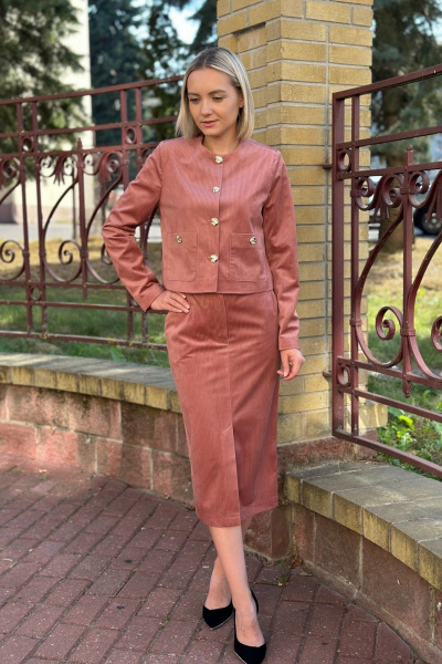 Розовый костюм жакет и юбка с металлической фурнитурой S.O.L O Me М-И13 чайная_роза - фото 1