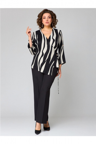 Брюки и туника комплект свободного силуэта из ткани Мишель стиль 1229 черно-молочный - фото 1