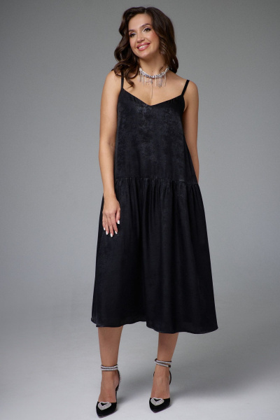 Платье нарядное A-силуэт с карманами и эффектом мокрого шёлка Jolie 16457 черный - фото 1