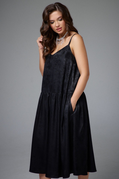 Платье нарядное A-силуэт с карманами и эффектом мокрого шёлка Jolie 16457 черный - фото 4