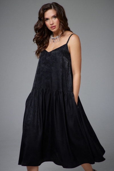 Платье нарядное A-силуэт с карманами и эффектом мокрого шёлка Jolie 16457 черный - фото 3