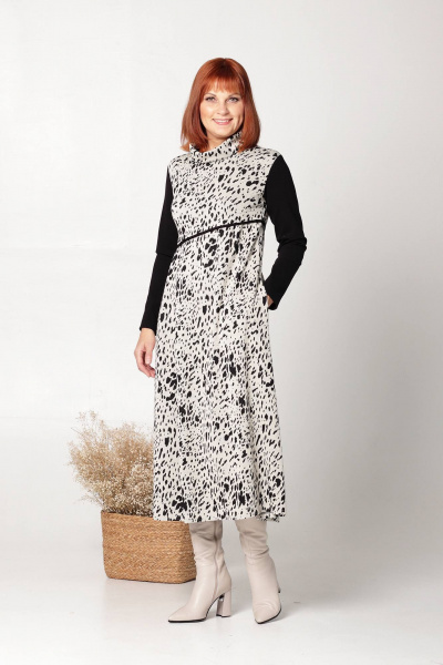 Платье трикотажное с нагрудными вытачками и карманами Соджи 633 черный_молочный - фото 6