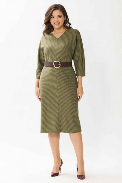 Платье из вискозы с V-вырезом и поясом-ремнем Mislana 1144 оливка_с_ремнем - фото 1