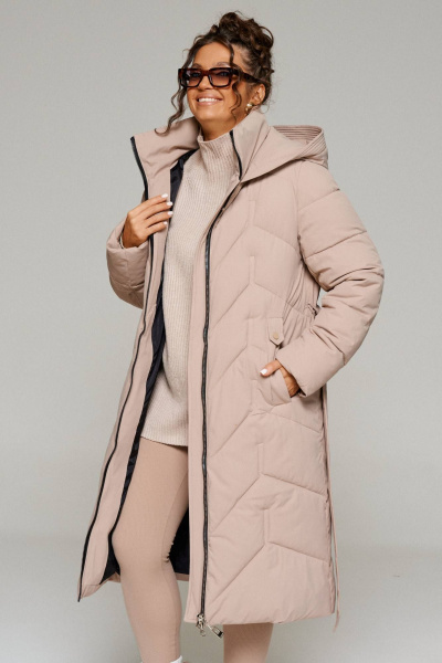 Пальто стеганое прямое, с капюшоном, воротником-стойкой, поясом Beautiful&Free 6248 бежевый - фото 7
