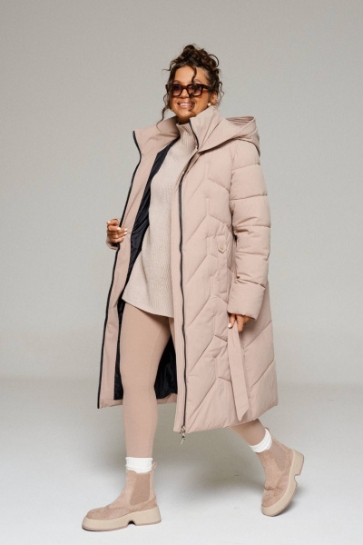 Пальто стеганое прямое, с капюшоном, воротником-стойкой, поясом Beautiful&Free 6248 бежевый - фото 5