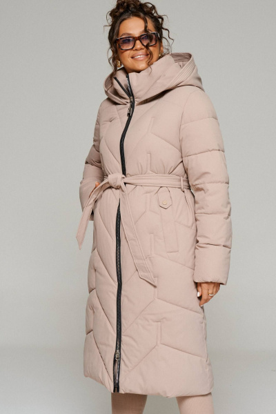 Пальто стеганое прямое, с капюшоном, воротником-стойкой, поясом Beautiful&Free 6248 бежевый - фото 1