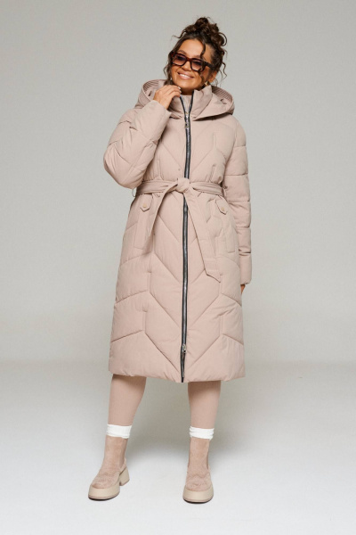 Пальто стеганое прямое, с капюшоном, воротником-стойкой, поясом Beautiful&Free 6248 бежевый - фото 2