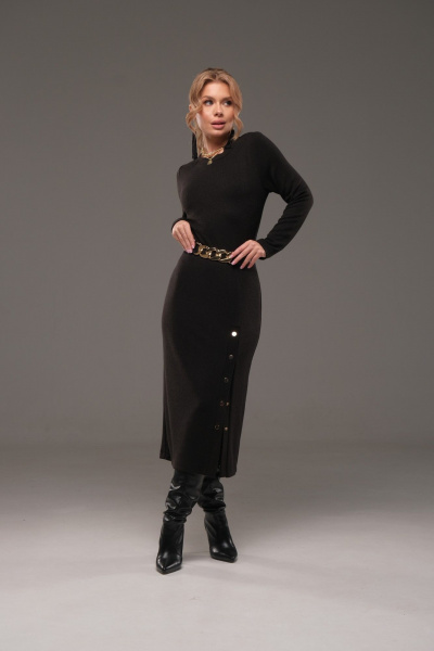 Платье из трикотажа с ремнем, прилегающее, с планкой и кнопками Galean Style 960-1 черный - фото 6