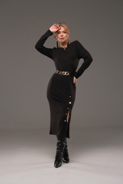 Платье из трикотажа с ремнем, прилегающее, с планкой и кнопками Galean Style 960-1 черный - фото 5