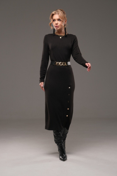 Платье из трикотажа с ремнем, прилегающее, с планкой и кнопками Galean Style 960-1 черный - фото 4