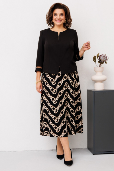 Деловой костюм дву предметный с юбкой и полуприлегающим блузоном Romanovich Style 2-2551 черный/цепи - фото 2