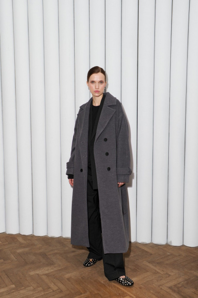 Демисезонное пальто оверсайз со двубортной застежкой и спущенной линией плеча Skipper Design 116 серый_рубчик - фото 4