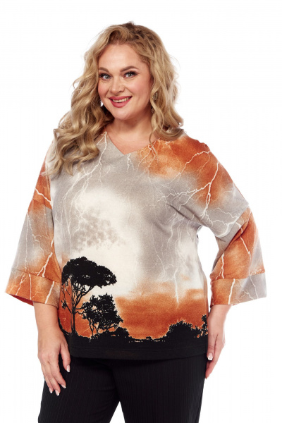 Свободная трикотажная блуза с принтом и V-образным вырезом Abbi 4051 бежево-коричневый - фото 3