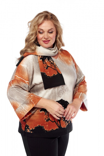 Свободная трикотажная блуза с принтом и V-образным вырезом Abbi 4051 бежево-коричневый - фото 7