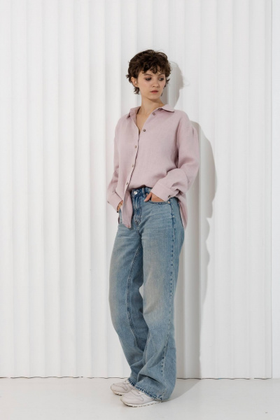 Розовая льняная рубашка с классическим воротником на пуговицах Twok 200807 пудра - фото 2