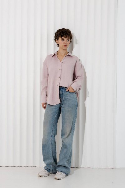 Розовая льняная рубашка с классическим воротником на пуговицах Twok 200807 пудра - фото 1