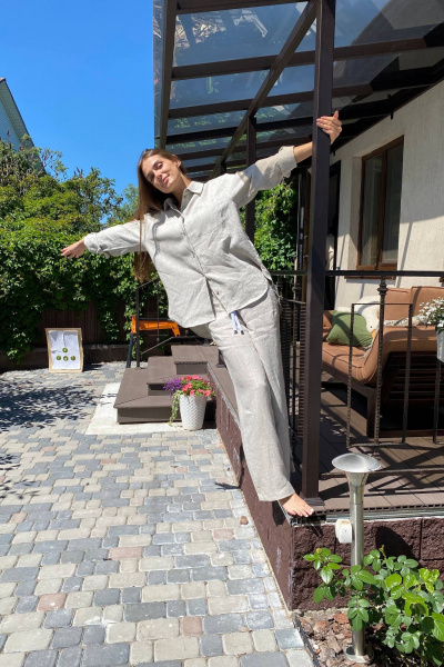 Бежевый льняной рубашка свободного кроя с классическим воротником Twok 200808 натуральный цвет льна - фото 7