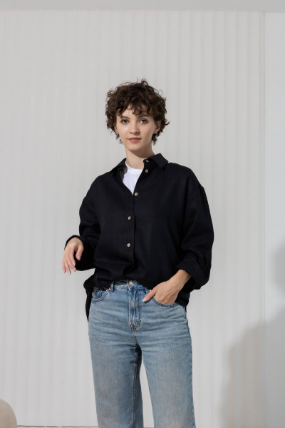 Черная льняная рубашка с закрытыми швами и закругленным низом Twok 200809 черный - фото 2