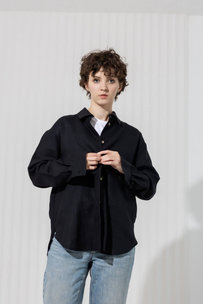 Черная льняная рубашка с закрытыми швами и закругленным низом Twok 200809 черный - фото 1