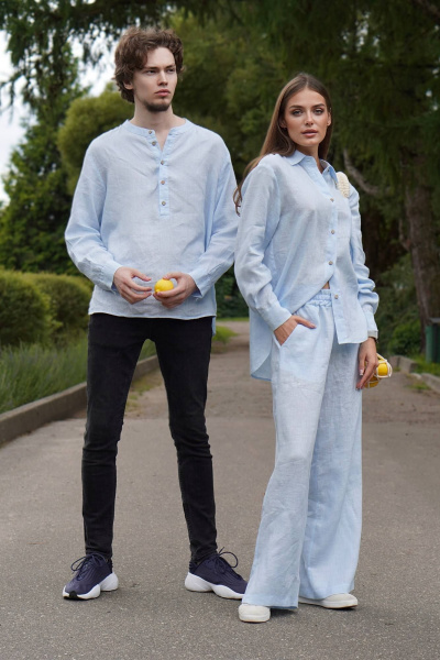 Брюки палаццо и льняная рубашка свободного кроя Twok 200812 светло-голубой - фото 2