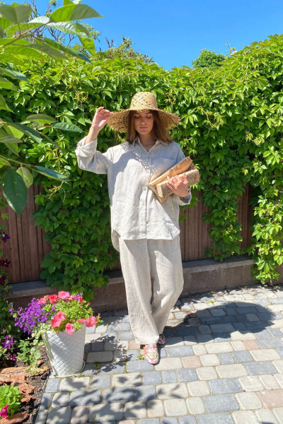 Брюки палаццо и рубашка из льна свободного кроя бежевый Twok 200813 натуральный цвет льна - фото 4