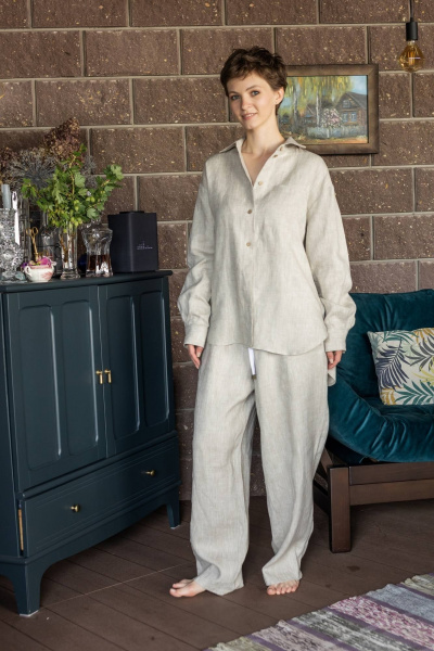 Брюки палаццо и рубашка из льна свободного кроя бежевый Twok 200813 натуральный цвет льна - фото 3