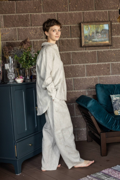 Брюки палаццо и рубашка из льна свободного кроя бежевый Twok 200813 натуральный цвет льна - фото 1