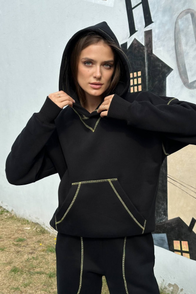 Черный спортивный худи из футера с желтой отстрочкой Twok 300562 черный - фото 5