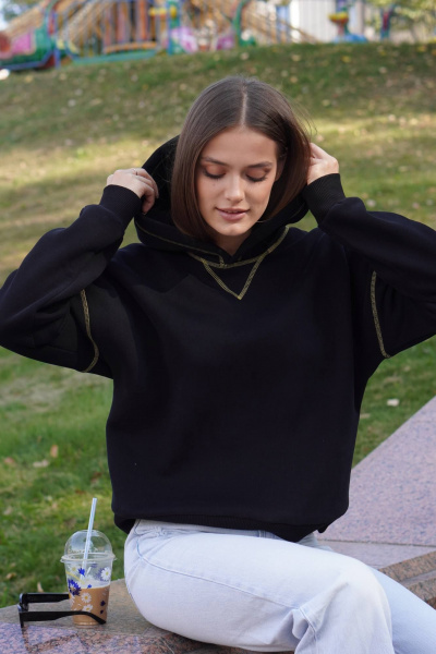 Черный спортивный худи из футера с желтой отстрочкой Twok 300562 черный - фото 3