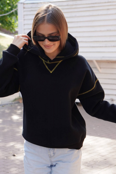 Черный спортивный худи из футера с желтой отстрочкой Twok 300562 черный - фото 2