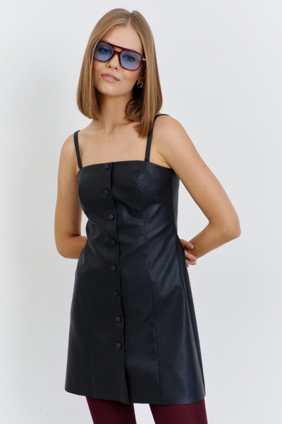 Платье из эко-кожи с вертикальными рельефами и поясом AG Green G542/1 черный - фото 6