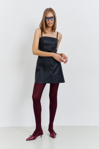 Платье из эко-кожи с вертикальными рельефами и поясом AG Green G542/1 черный - фото 4