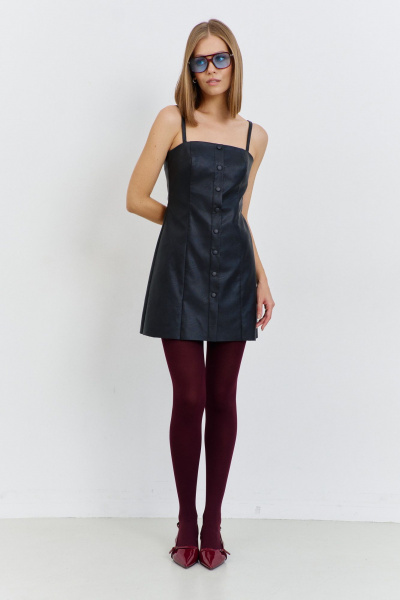 Платье из эко-кожи с вертикальными рельефами и поясом AG Green G542/1 черный - фото 3