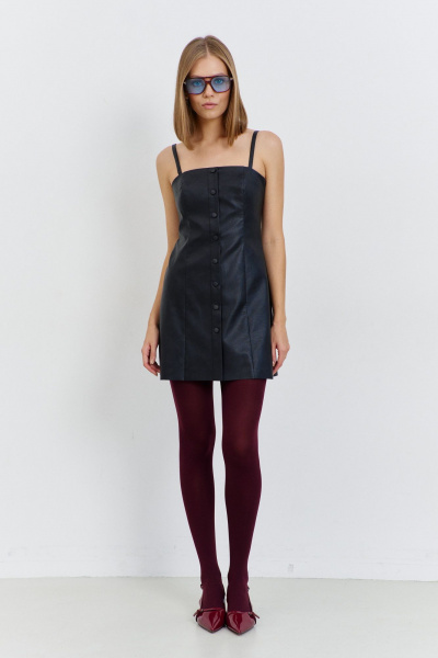 Платье из эко-кожи с вертикальными рельефами и поясом AG Green G542/1 черный - фото 1