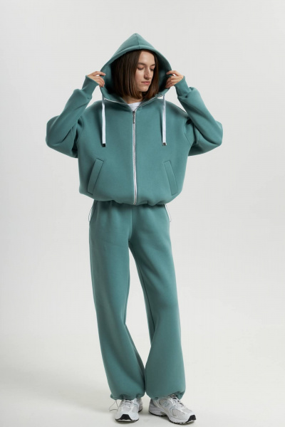 Костюм из фирменного футера с капюшоном бирюзовый стиль спорт Twok 300900 полынь - фото 8