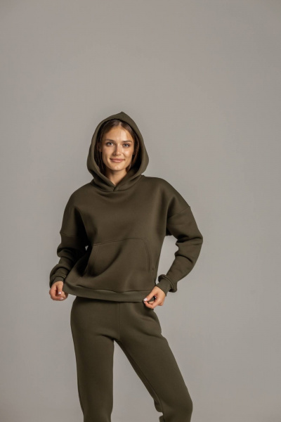 Костюм брюки на манжете и худи с капюшоном из премиального футера Twok 300923 хаки - фото 2