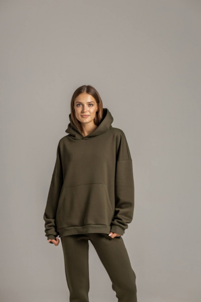 Худи с карманом кенгуру и брюки из премиального футера с начесом Twok 300993 хаки - фото 3