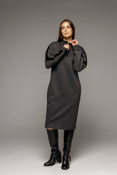 Платье с высоким воротником и металлической молнией из теплого футера Twok 400801 антрацит - фото 3